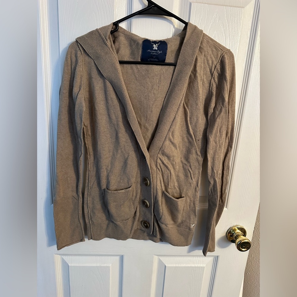 Vintage American Eagle Tan Button-Up Cardigan with hood